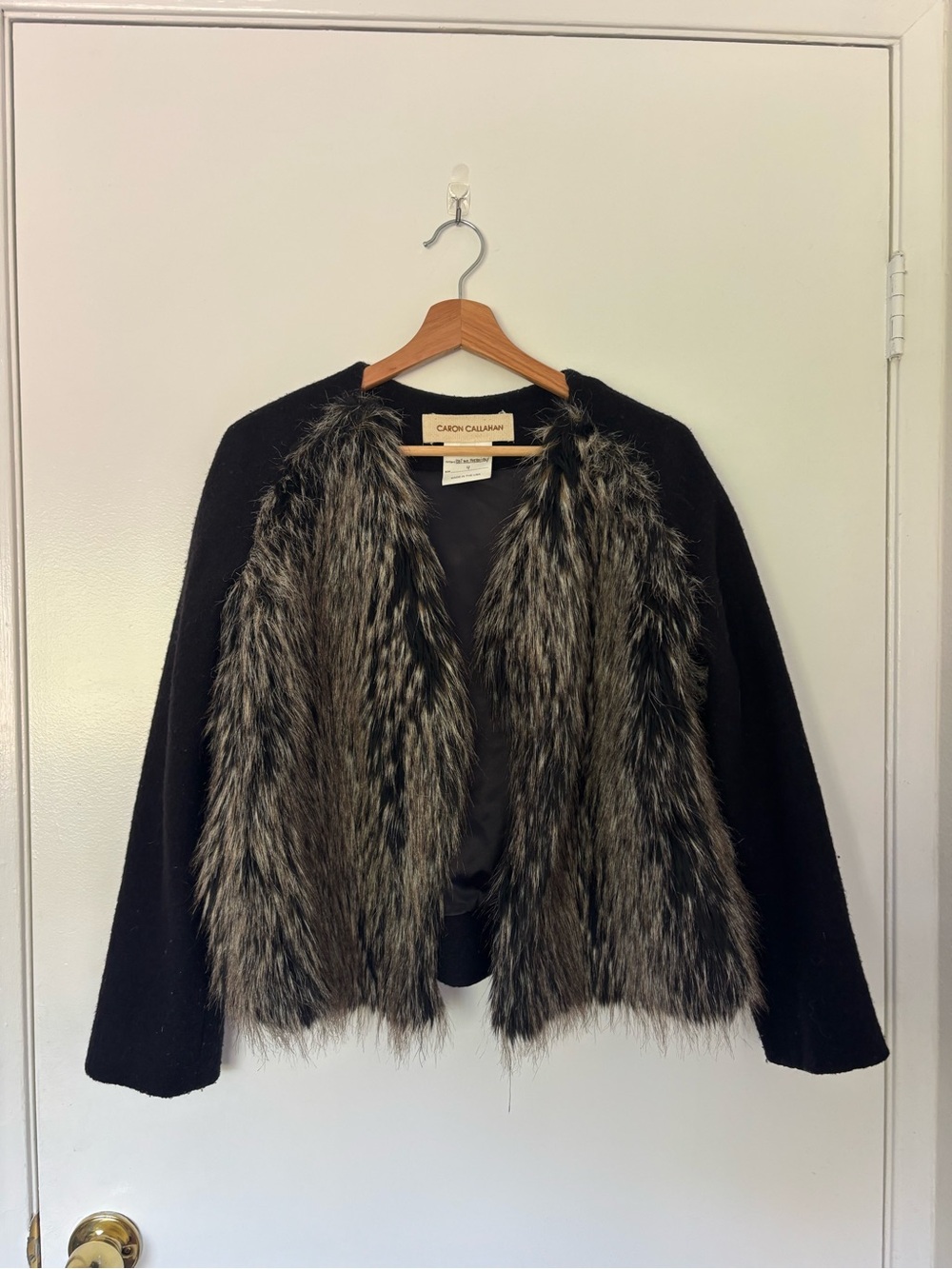 Caron Callahan Black Sweater Jacket with Gray Faux Fur Front